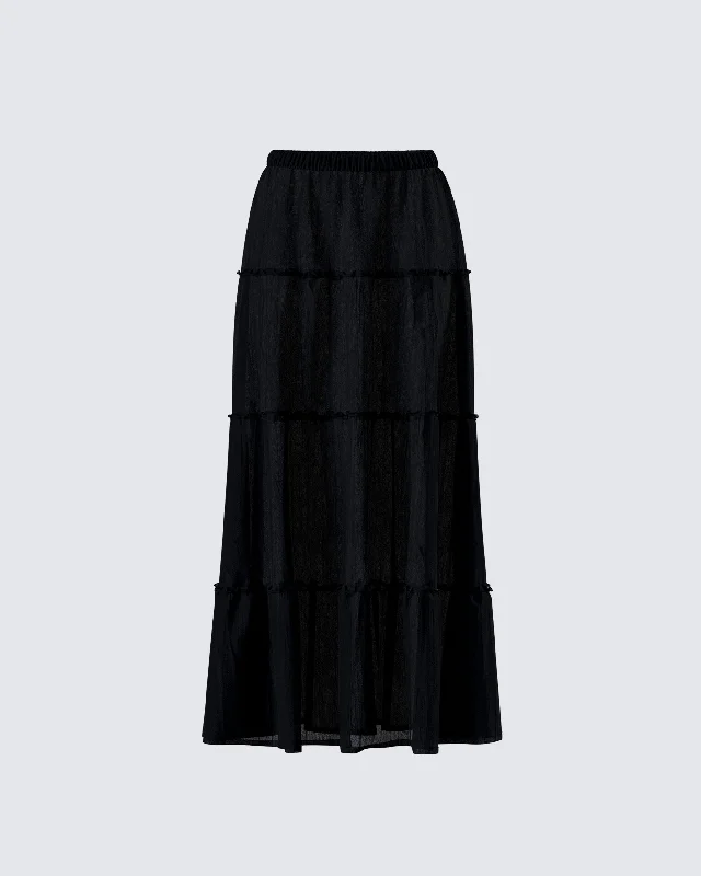 elegant long denim skirts -Cailin Black Tiered Maxi Skirt