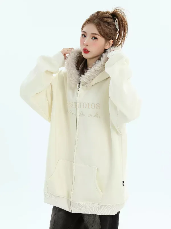 Silly Hoodie -Embroidered Fur Lined Hood Zipped Hoodie