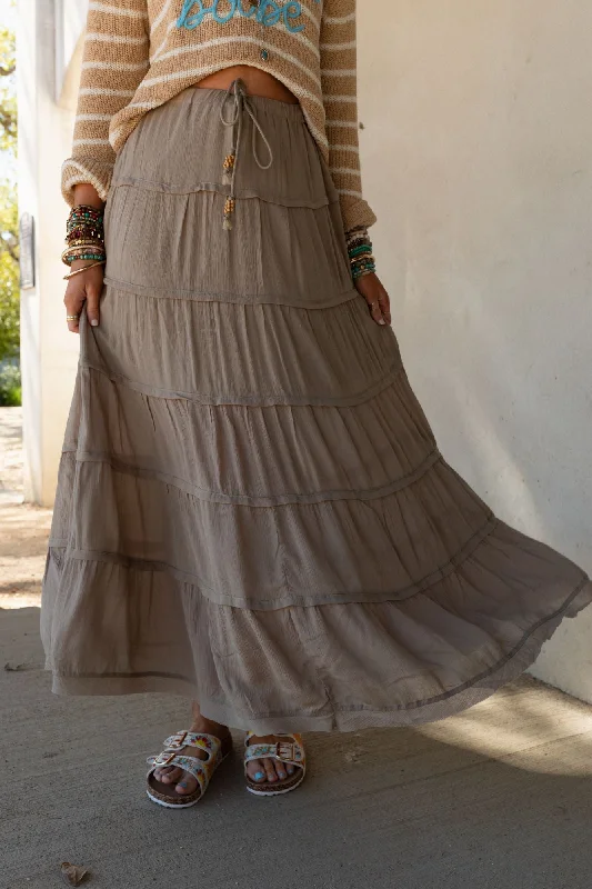 breathable linen wrap skirts -Sardinia Silky Tiered Maxi Skirt - Olive