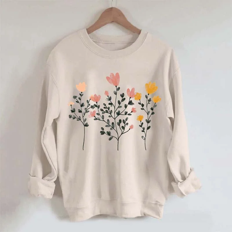 Cashmere Sweatshirt -Pastel Flowers and Stems Minimalist Sweatshirt