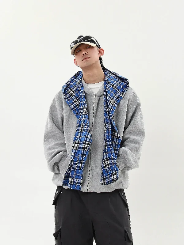 Spring Hoodie -Plaid Layered Zip-Up Hoodie