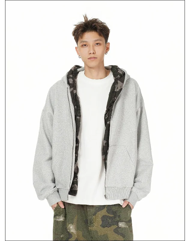 Cargo Hoodie -Camouflage Tie-Strap Zip-Up Hoodie