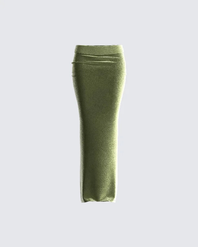 stretch twill wrap skirts -Ayla Olive Green Velvet Maxi Skirt