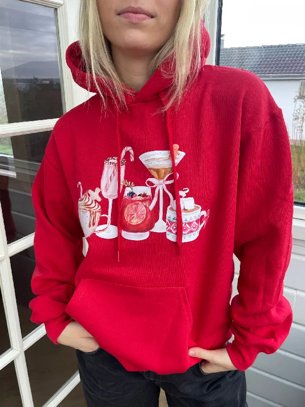 Brushed Cotton Hoodie -FESTIVE DRINKS HOODIE - RØD