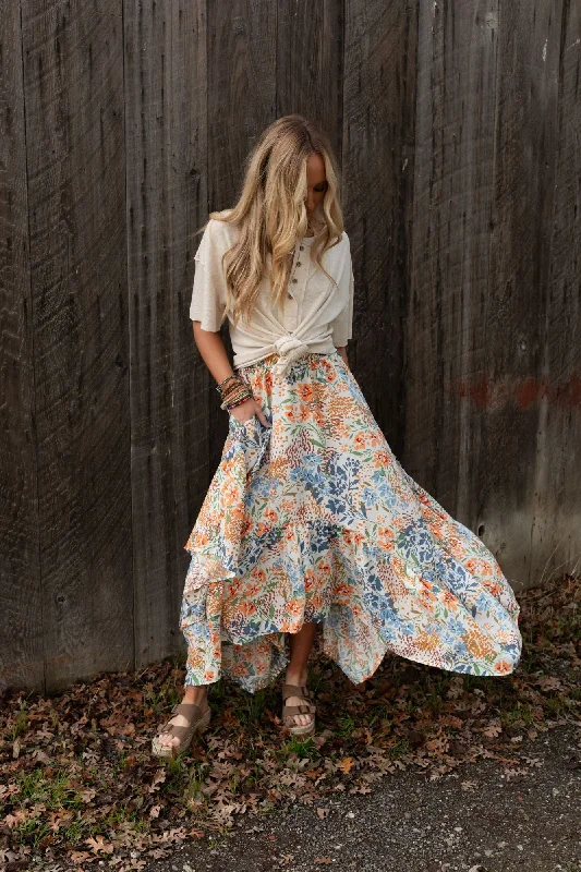 sustainable denim midi skirts -The Nest Swing Of Things Pocketed Midi Skirt - Floral