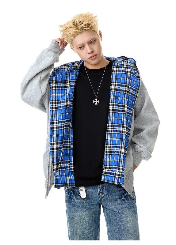 Top Layer Hoodie -Double-Layer Plaid Zip-Up Hoodie