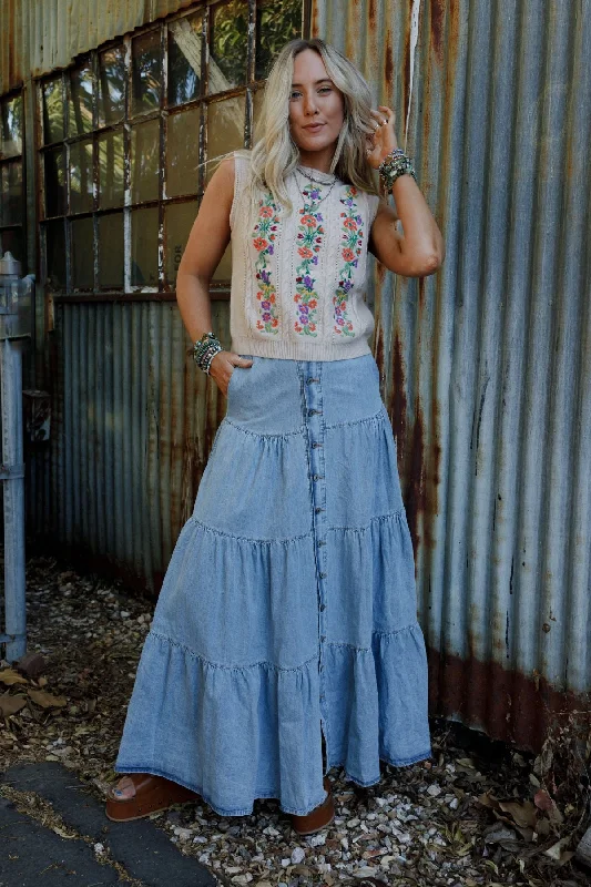 casual weekend denim skirts -Country Mart Tiered Maxi Skirt - Denim