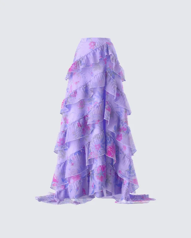 pleated midi skirts -Ida Purple Floral Organza Maxi Skirt