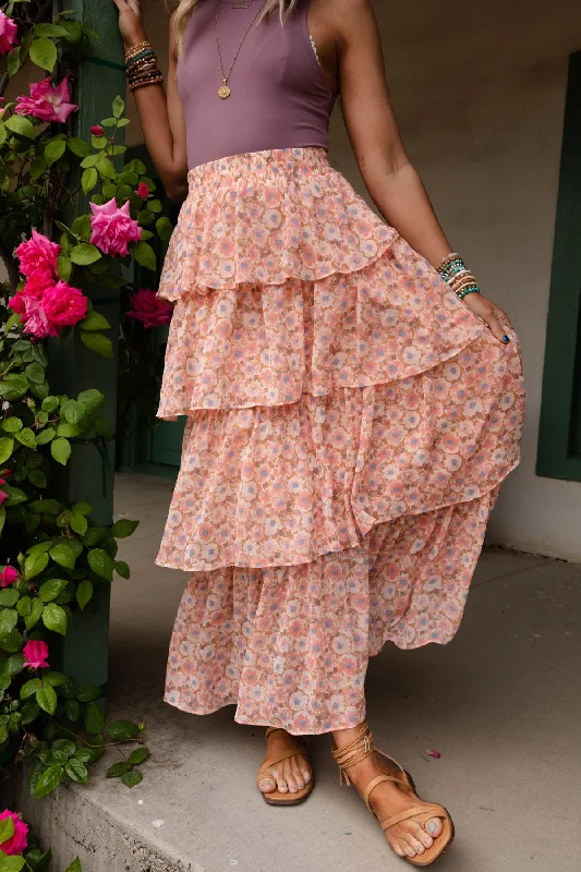 durable outdoor pencil skirts -The Nest Tiers Of Joy Ruffle Maxi Skirt - Pink