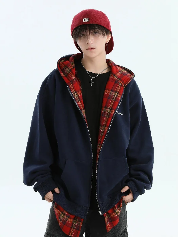 Loose Fit Hoodie -Plaid Layer Zipped Hoodie