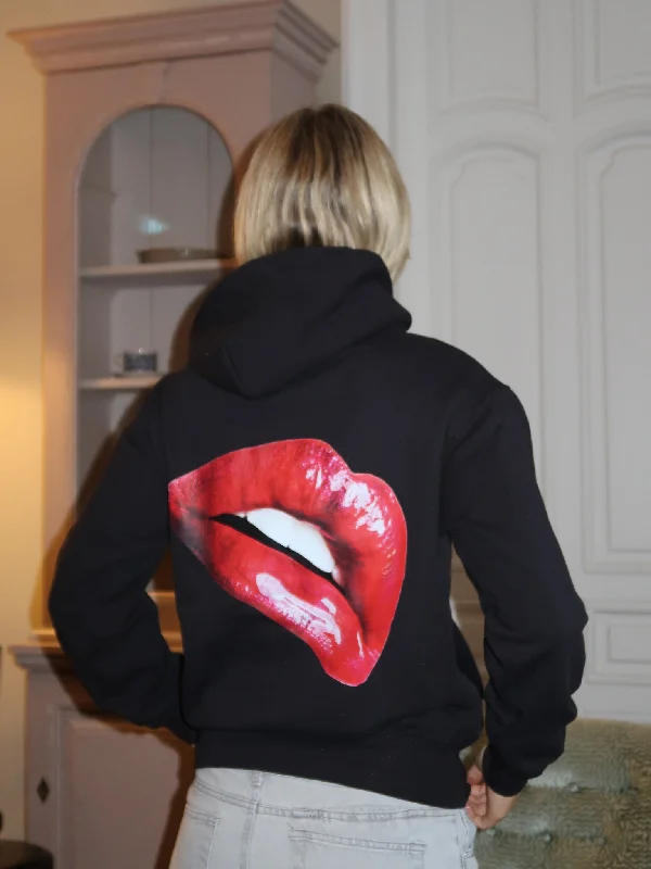 Mesh Hoodie -RED LIPS HOODIE - SORT