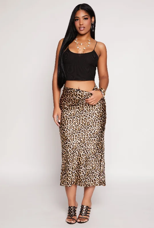 distressed denim pencil skirts -Almost Famous Satin Printed Pattern Midi Skirt