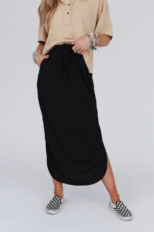 bold geometric maxi skirts -The Nest So Comfy Drawstring Maxi Skirt - Black