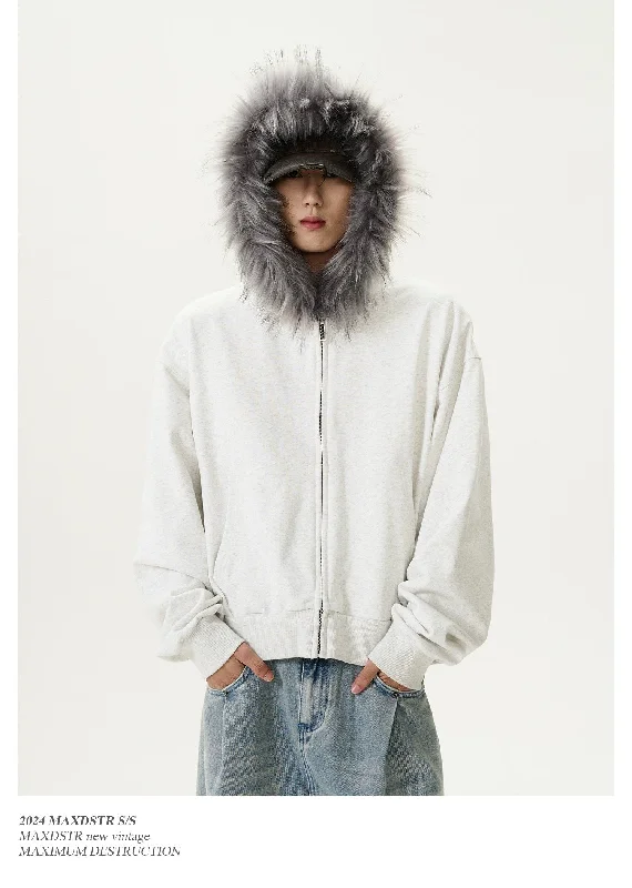 Streetwear Hoodie -Casual Fit Fur Collar Zip-Up Hoodie