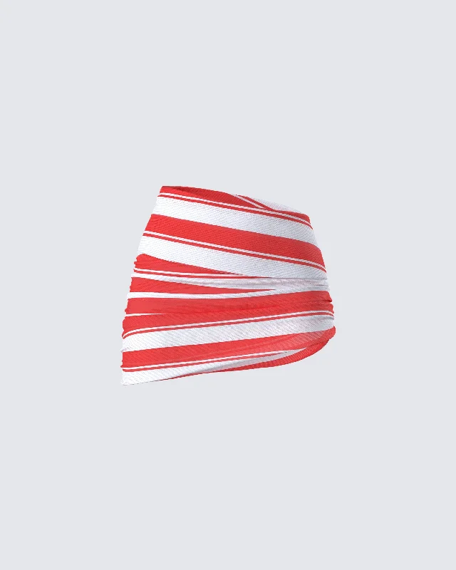 trendy asymmetrical denim skirts -Risa Red Stripe Asymmetric Ruched Mini Skirt