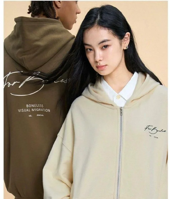 Stretch Hoodie -Cursive Logo Loose Fit Zip-Up Hoodie