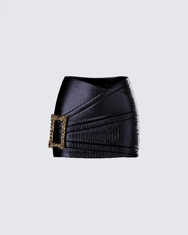 premium satin denim skirts -Whitley Black Vegan Leather Croc Micro Mini Skirt