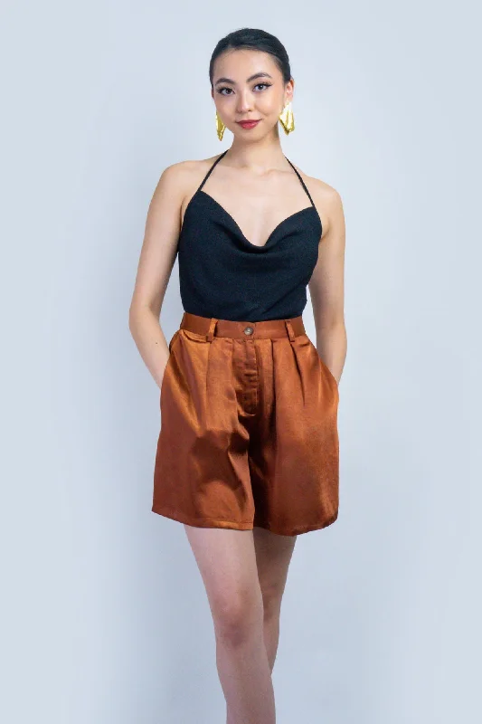 durable canvas athletic shorts -Bronze High Waist Satin Dress Shorts