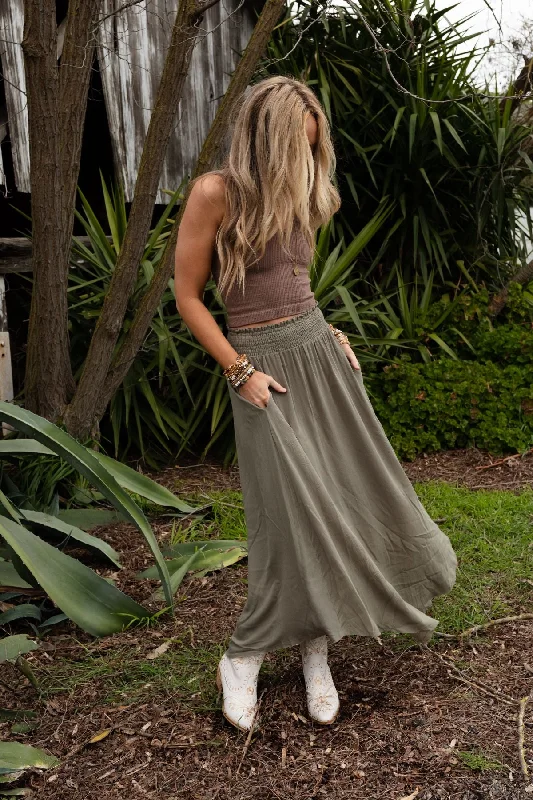 breathable linen mini skirts -Anything Goes Maxi Skirt - Olive