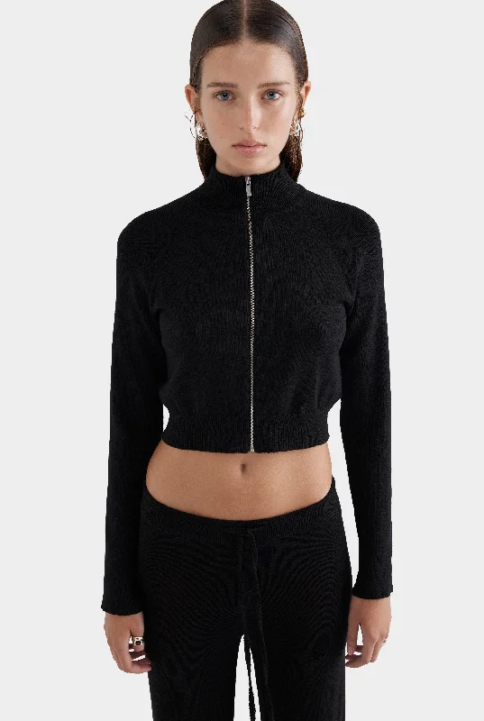 Puffer Jacket -Cropped Linen Zip Up Jacket - Black