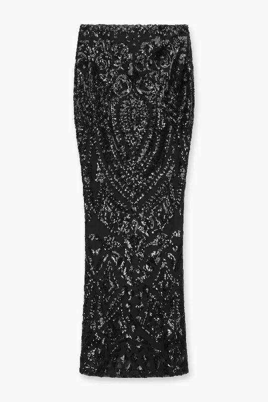 bold geometric denim skirts -ADELE SEQUIN MAXI SKIRT | BLACK