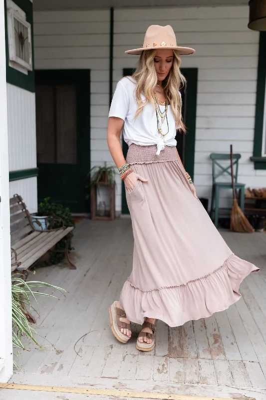 stretch twill pencil skirts -The Nest Rustic Romance Smocked Maxi Skirt - Dark Mocha