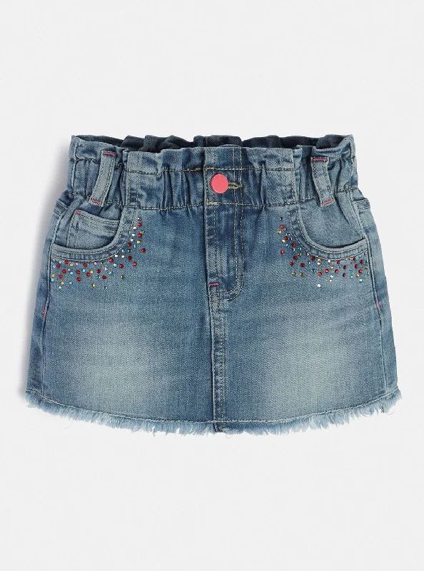 bold plaid denim skirts -Light Wash Embellished Denim Skirt (2-7)