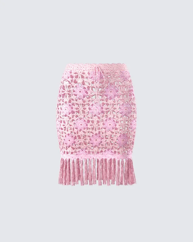 premium wool skirts -Aya Pink Floral Crochet Mini Skirt