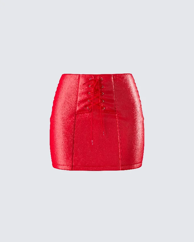 stretchy pencil denim skirts -Lasita Red Vegan Leather Mini Skirt