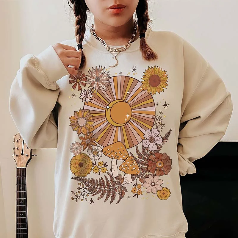 Tight Weave Sweatshirt -Bohemian Retro Sun Moon Stars Sweatshirt