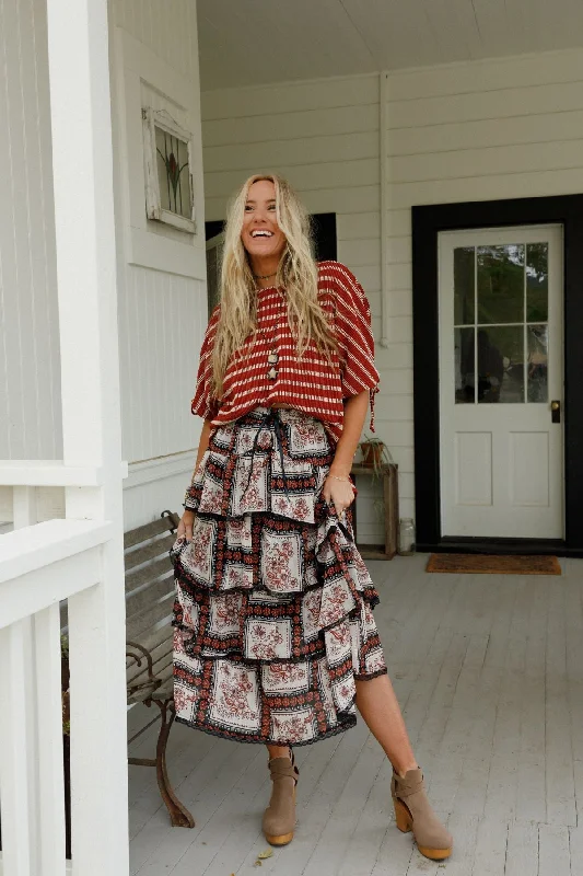 durable khaki denim skirts -Serenade In Florals Skirt - Rust