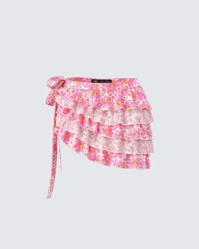 relaxed linen skirts -Ana Multi Floral Lace Ruffle Micro Mini Skirt