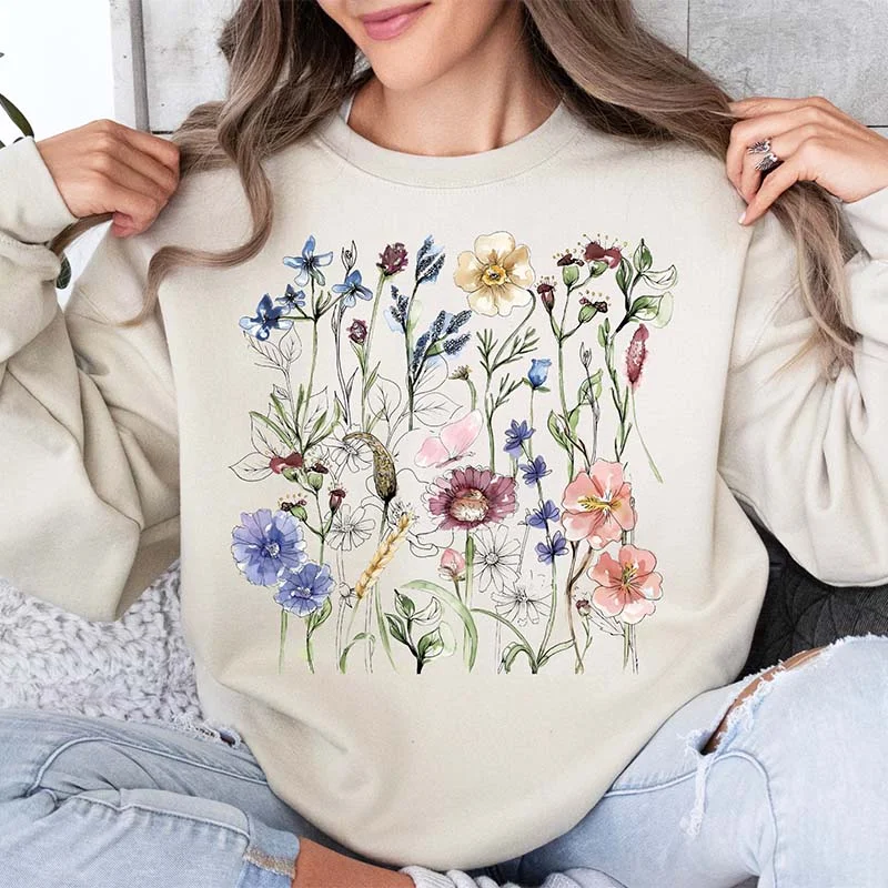 Outdoor Work Sweatshirt -Boho Wildflowers Women Floral Sweatshirt