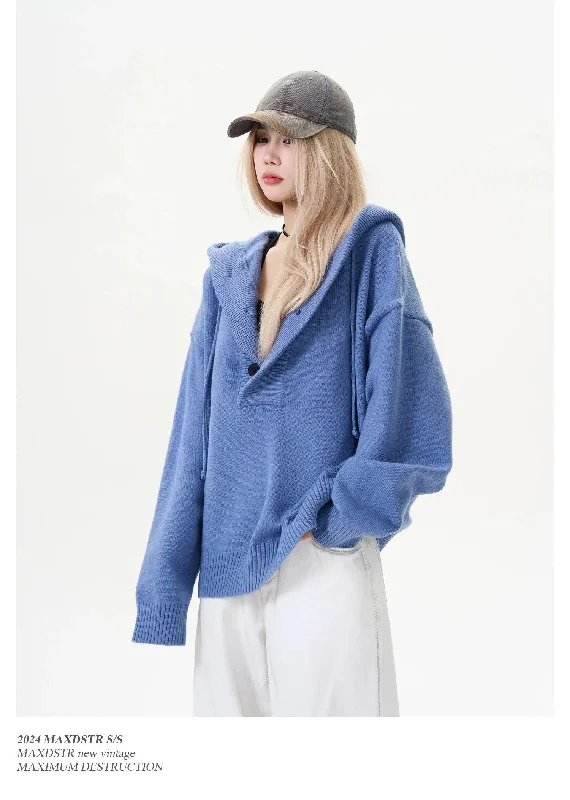 Comfy Hoodie -Drawstring Half-Buttons Knit Hoodie