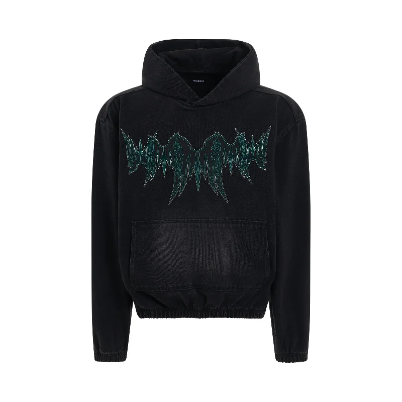 Cropped Hoodie -Washed Western Embroidered Hoodie in Black