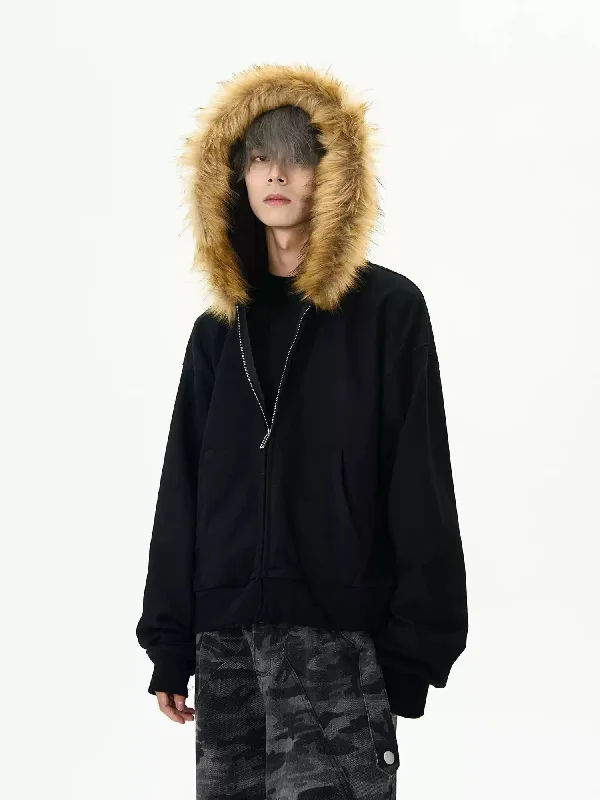 Sustainable Hoodie -Furry Edge Zip-Up Hoodie