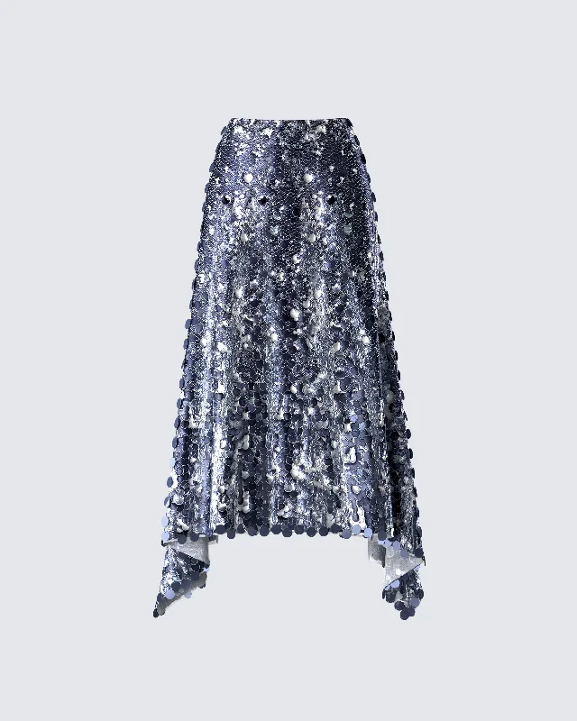 stretchy knit denim skirts -Wyn Metallic Silver Sequin Maxi Skirt