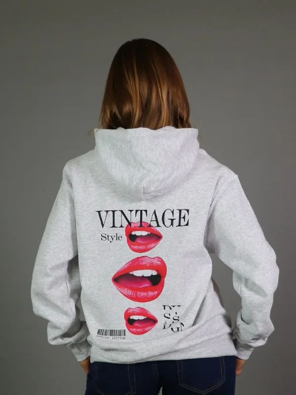 Olive Hoodie -NEWSPAPER LIPS HOODIE (rygprint) - GRÅ