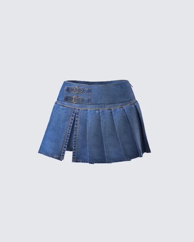 chic A-line denim skirts -Alazne Blue Denim Pleated Micro Mini Skirt