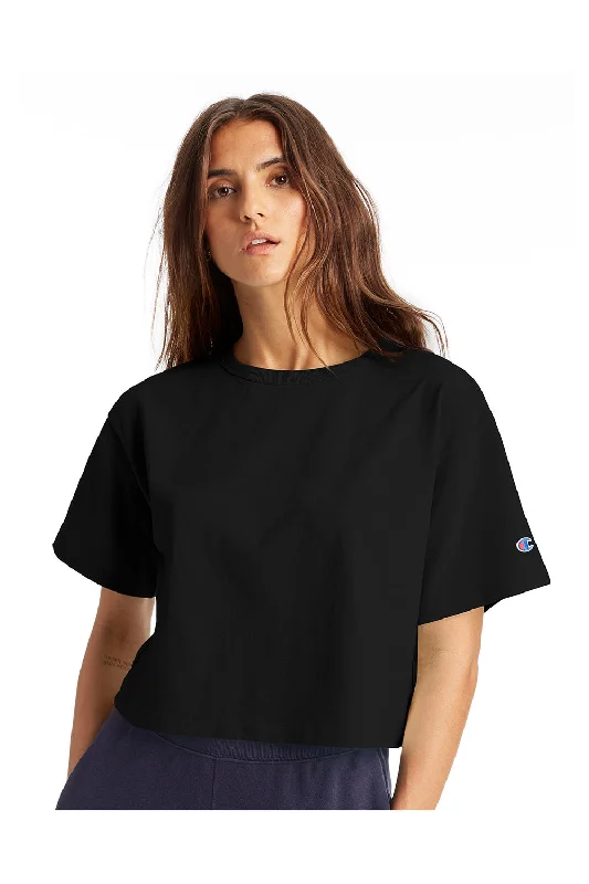 holiday t-shirts for halloween -Champion Womens Heritage Cropped Short Sleeve Crewneck T-Shirt - Black