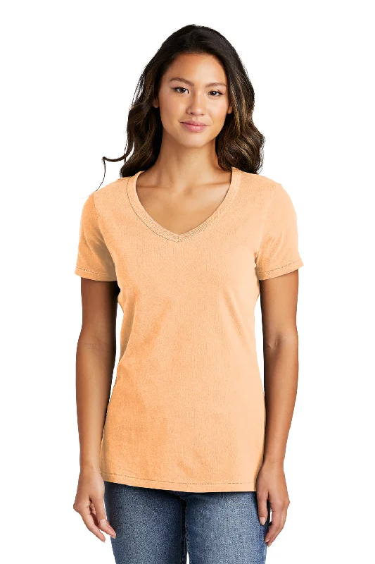 crew neck t-shirts bulk -Port & Company Womens Beach Wash Garment Dyed Short Sleeve V-Neck T-Shirt - Peach