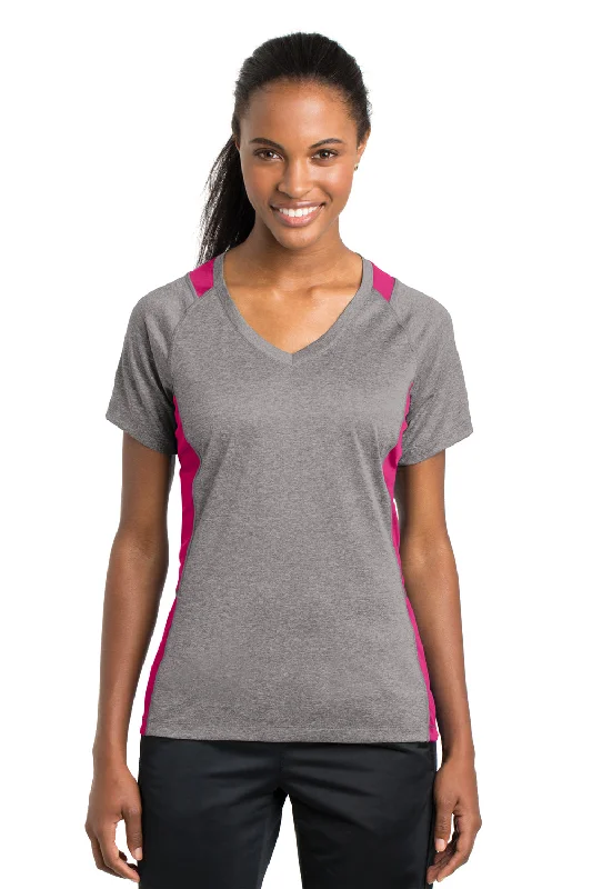 funny geek t-shirts -Sport-Tek Womens Contender Heather Moisture Wicking Short Sleeve V-Neck T-Shirt - Heather Vintage Grey/Raspberry Pink - Closeout