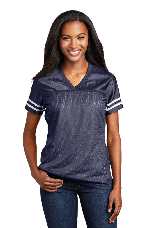 travel t-shirts with maps -Sport-Tek Womens Short Sleeve V-Neck T-Shirt - True Navy Blue/White