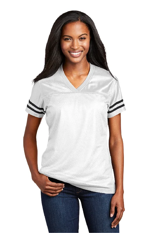 bright stripe t-shirts -Sport-Tek Womens Short Sleeve V-Neck T-Shirt - White/Black