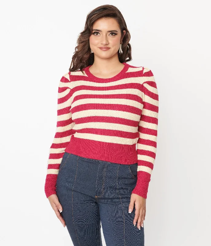 breathable bamboo wool pullover sweater -Berry Pink & Cream Stripe Sweater