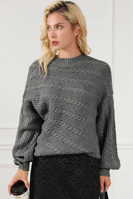 chic crew neck pullover sweater -Cable-Knit Mock Neck Dropped Shoulder Sweater