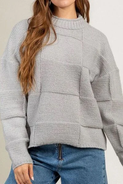 durable tweed pullover sweater -Checkered Texture Long Sleeve Sweater