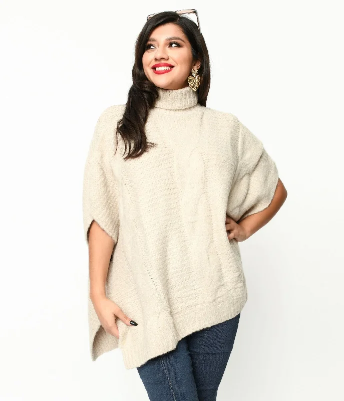 sustainable cotton pullover sweater -Cream Cable Knit Turtle Neck Sweater