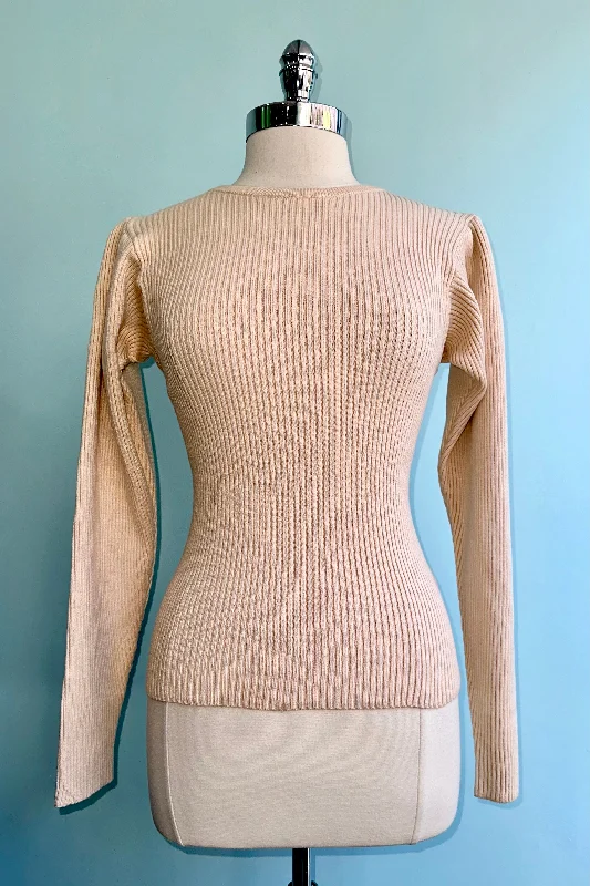 vintage argyle wool pullover sweater -Cream Ribbed Knit Puff Sleeve Sweater by Wild Pony