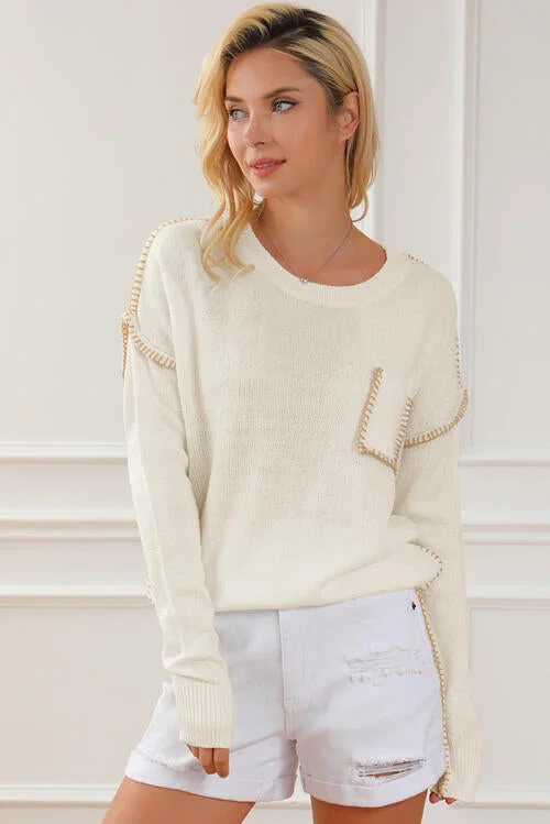 trendy cable cashmere pullover sweater -Exposed Seam Round Neck Long Sleeve Sweater